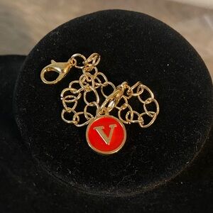 Gold Chain with Red 'V' Charm Lobster Claw Clasp Bag Charm Pendant 5.25” Long